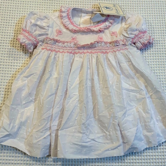 Brother & Sissy NWT Pima Cotton Swiss Dot White and Pink Embroidered Dress 6m. - Picture 1 of 4